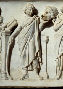 Musa pitelee komedian naamiota, Musien sarkofagin yksityiskohta: esitys taiteen ja kirjainten muusoista. Marmori veistos. 150 jKr. Pariisi, Louvre-museo. tekijältä Roman