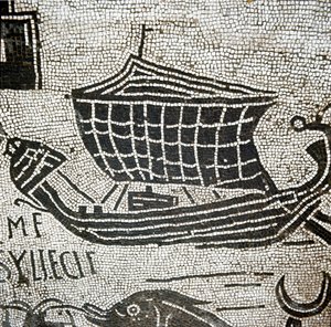 Laiva Aleksandriasta Ostian satamassa (mosaiikki tekijältä Roman