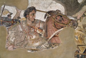 Aleksanteri Suuri (356 - 323 eKr.) hevosellaan Bucephale. Mosaiikki Faunin talosta Pompejista tekijältä Roman