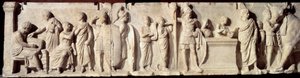 Muinainen Rooma: Domitius Ahenobarbuksena tunnettu reliefi, väestönlaskennan jakso: kansalaisten rekisteröinti ja uhri Mars-jumalalle. Noin 100 eaa. Aurinko 2 m. Pariisi, Louvre-museo tekijältä Roman