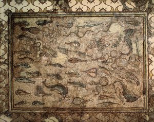 Roomalainen taide: kalojen mosaiikki. 3. vuosisadan alku. Tarragona. Kansallinen arkeologinen museo. tekijältä Roman