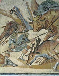 Taistelu gladiaattorien ja eläinten välillä, yksityiskohta gladiaattorista, joka keihää härkää, 320 jKr (mosaiikki) tekijältä Roman