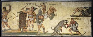 Taistelu gladiaattorien ja villikissojen välillä, 320 jKr (mosaiikki) tekijältä Roman