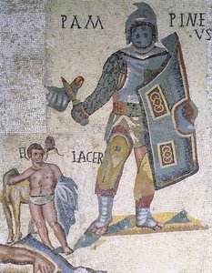 Gladiaattoreiden välinen taistelu, tikarilla ja kilvellä aseistautuneen gladiaattorin yksityiskohta, 320 jKr. (mosaiikki) tekijältä Roman