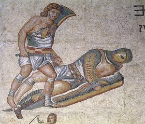 Taistelu gladiaattorien välillä, yksityiskohta gladiaattorista, joka kiinnittää toisen maahan, 320 jKr (mosaiikki) tekijältä Roman