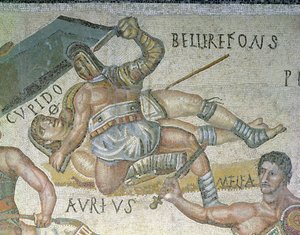 Taistelu gladiaattorien välillä, yksityiskohta gladiaattorista, joka kiinnittää toisen maahan, 320 jKr (mosaiikki) tekijältä Roman