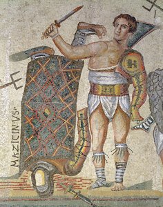 Gladiaattoreiden välinen taistelu, yksityiskohta voitokkaasta gladiaattorista, 320 jKr. (mosaiikki) tekijältä Roman