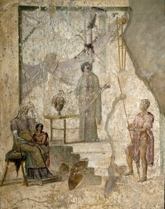 Cassandra profetoi Troijan kaatumisen, hänen isänsä Priam istuu vasemmalla, hänen veljensä Paris, pitelemässä riidan omenaa ja soturi nojaa keihään (luultavasti Hector) - Fresco tekijältä Roman