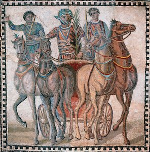 Vaunukilpailut, kuljettajat lähtöasennossa - Mosaiikki, 3. vuosisata tekijältä Roman