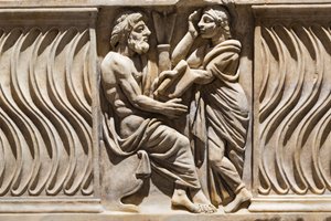 Koriste sarkofagin päällä, filosofin ja muusan kuva (marmori) tekijältä Roman