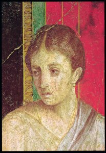 Yksityiskohta istuvan äidin päästä, katekismuskohtauksesta, pohjoisseinä, Oecus 5, 60-50 eKr. ks. myös 20015. tekijältä Roman