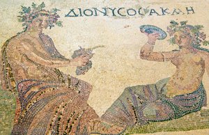 Dionysos neuvoo nymfi Akmea, Dionysoksen talo, Pafos, Kypros (mosaiikki) tekijältä Roman