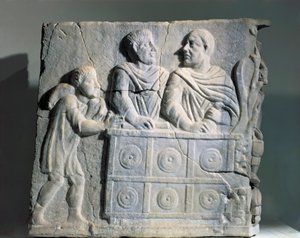 Rahanvaihtajaa kuvaava sarkofagin fragmentti Roomasta, Viale del Re tekijältä Roman