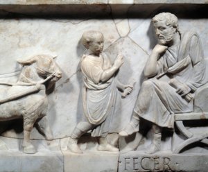 Fragmentti Marcus Cornelius Statiuksen sarkofagista Noin 150 jKr. - Yksityiskohta roomalaisesta sarkofagista: kohtaus lapsen elämästä, joka edustaa oppilasta ja hänen isäntänsä. Rooman imperiumi. Pariisi, Musee du Louvre tekijältä Roman