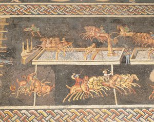 Ranska, Lyon, Mosaiikkiteos, joka kuvaa sirkuksen pelejä, Quadriga-kilpailu tekijältä Roman
