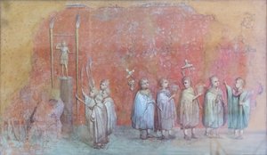 Kalenterin freskofragmentti, joka kuvaa lapsia kulkueessa, mahdollisesti keisari Severuksen syntymäpäiviä ja edustaa huhtikuuta, 300 jKr. (fresko) tekijältä Roman