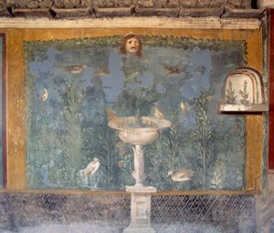 Fresko suihkulähteellä, naamiolla ja lintuilla, House of Venus in Shell, Pompeii (Unescon maailmanperintöluettelo tekijältä Roman