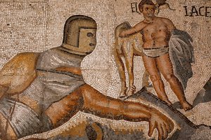 Gladiaattoritaistelut. 320-330, mosaiikki tekijältä Roman