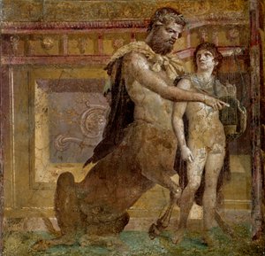Kreikkalainen mytologia: Kentauri Chiron ja Achilles-lapsi. Fresko Herculanumin basilikasta (Basilica di Ercolano). Roomalainen taide Napoli, Museo Archeologico Nazionale - Kreikkalainen mytologia: Kentauri Chiron ja Achilles-lapsi tai Akilleuksen koulutus tekijältä Roman