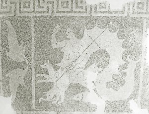 Helenistinen kivimosaiikki Scyllasta ja Charybdista vartioimassa salmea, yksityiskohta Scyllasta. Dionysoksen talo, Paphos, Kyproksen mosaiikki tekijältä Roman
