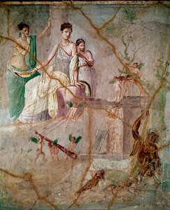 Herakles ja Omphale (Hercules ja Omphale) Roomalainen fresko 3. Pompejin tyyliin Pompejista (Fresko Pompejista) 40-60 jKr Koko 88x103 cm Konservoitu Napolin kansallisessa arkeologisessa museossa Italiassa tekijältä Roman