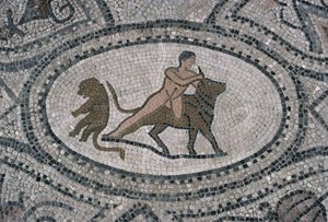 Herkules ja kreetalainen härkä, Herkuleen talon lattiasta (mosaiikki) tekijältä Roman