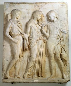 Hermes, Orpheus ja Eurydike, reliefi, roomalainen kopio kreikkalaisesta alkuperäiskappaleesta 5. vuosisadalta eKr. (marmori)