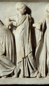 La muse Calliope, yksityiskohta Sarcophagus des Musesista: esitys taiteen ja kirjainten muusoista. Marmori veistos. 150 jKr. Pariisi, Louvre-museo. tekijältä Roman