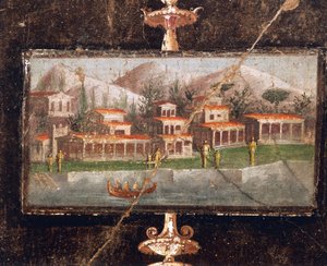 Maisema ja arkkitehtuuri seinämaalauksessa tablinumissa, Marco Lucrezio Fronton talo, Pompei, Campania, roomalainen sivilisaatio tekijältä Roman