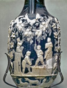 Pieni amfora nimeltä sininen maljakko, jossa eros tekee rypäleenkorjuuta tekijältä Roman
