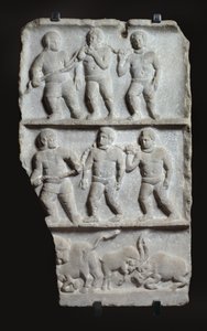 Marmorireliefi 3 rekisterillä: orjat ketjuissa ja eläimet, n. 200 jKr (marmori) tekijältä Roman