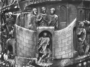 Marcus Aurelius vastaanottamassa sanansaattajaa, yksityiskohta Marcus Aureliuksen pylväästä, AD 180-196 (marmori) (m/v kuva) tekijältä Roman