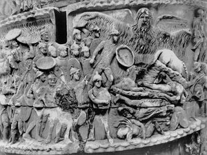 Miraculous Rain, yksityiskohta Marcus Aureliuksen pylväästä, 180-196 jKr (marmori) (b/w kuva) tekijältä Roman
