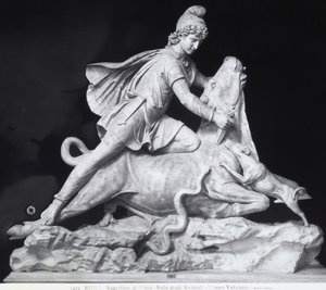 Mithras teurastaa härän, Mithraic-kultin esitys (marmori) tekijältä Roman