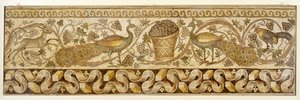Viiniköynnöksen mosaiikkikääröreunus riikinkukkojen kanssa, Antiokia, 526-540 tekijältä Roman