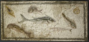 Mosaiikkitaulu, jossa näkyy kaloja, luultavasti 3. vuosisadalta jKr. tekijältä Roman