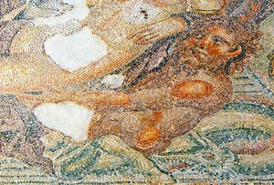 Nereides ja Bythos, yksityiskohta Bythosista, House of Aion, Paphos, Kyproksen mosaiikki tekijältä Roman