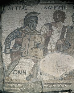 Maalaus kahdesta gladiaattorista mosaiikkiseinälle, Kourion, Limassol, Kypros tekijältä Roman