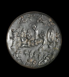 Patere de Parabiago, hopeinen rituaaliastia, joka kuvaa Attisin (tai Atysin) ja Cybelen voittoa leijonien ampumassa vaunussa, 4. vuosisadalla. Hopea: Halkaisija: 40 cm. Milanon archeologique museo. - Patera of Parabiago, rituaalinen hopealevy, joka edustaa tekijältä Roman