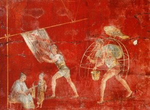 Villan valmistusta kuvaava pilarifresko Pompejista, Fullonica of Veranio Ipseo tekijältä Roman