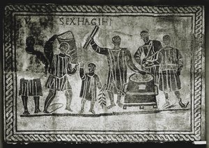 ROMAANIN TAIDE: Jyvän (maissin) mittaaminen. Gaius Gracchusin ..., 2. vuosisata jKr. (mosaiikki). tekijältä Roman