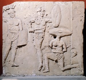 Reliefi, joka kuvaa gladiaattorikohtausta Due Madonnen alueelta, Bolognasta, roomalaisesta sivilisaatiosta tekijältä Roman