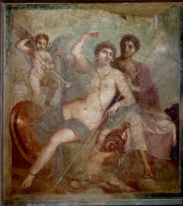 Esitys Aresista ja Aphroditesta, mukana rakkaus leikkii jumalan aseilla. Fresko Villa de Marsista ja Venuksesta Pompeissa. 1. vuosisadalla jKr. Napolin arkeologinen museo - roomalainen taide: Ares, Aphrodite ja Eros. Aphrodite (Venus) recl tekijältä Roman