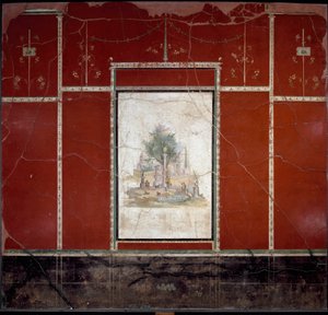 Roomalainen taide: "" Bukolinen maisema ja pyhä "" Amandon mestarille kuuluva fresko. Boscotrecasesta, Agrippa Postumo -huvilasta. 1. vuosisadalla. Mitat 153x98 cm Napoli, Kansallinen arkeologinen museo tekijältä Roman