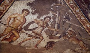 Roomalainen taide: Vuodenaikojen mosaiikki "" Daphnen" Konstantinuksen huvilan pihalta, joka edustaa kahta metsästäjää. Yksityiskohta. Antioche-sur-l