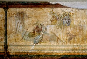Roomalainen taide: "" Asetelma teatterinaamioilla "" Yksityiskohta. Fresko noin 25-19 eKr. Koko 23 cm Rooma, National Roman Museum (tai Terme) tekijältä Roman