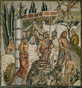 Roomalainen taide: "Iphigenien uhri" Kuningas Agamemnon uhraa tyttärensä lievittääkseen Artemiksen (Dianan) vihaa. Mosaiikki 1. vuosisadalta eKr. Ampuriasin museo (Empurias), Espanja tekijältä Roman