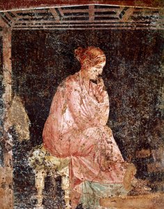 Roomalainen taide: "" Nuori nainen istuu"" (Istuva nuori nainen) Roomalainen fresko 3. Pompejin tyylistä Pompejista (Fresko Pompejista) 40-60 jKr. tekijältä Roman
