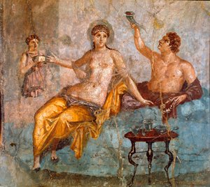 Roomalainen taide: juhlatilaisuus, nuori mies ja kurtisaani (juhla antiikin Roomassa, nuori mies ja kurtisaani) Roomalainen fresko 4. Pompeilaistyylinen Ercolanon (Herculanum tai Herculaneum) paikalta 60-80 jKr Dim 65x66 cm Esitelty Nationalissa tekijältä Roman