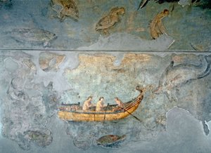 Roomalainen taide: "" kalastajat veneessä"" Fresko talosta, joka sijaitsee lähellä Rooman jokisatamaa. 131 jKr. Rooma, Museo Nazionale Romano (o delle Terme) tekijältä Roman